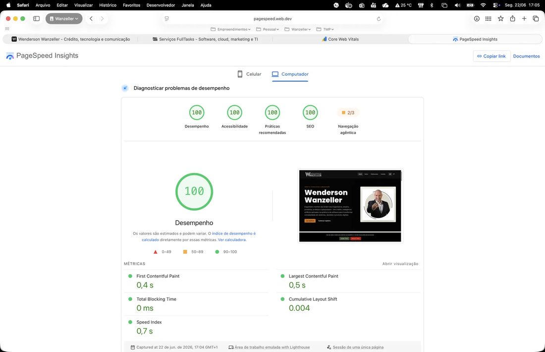 Auditoria Core Web Vitals desktop 100% - 22 junho 2026