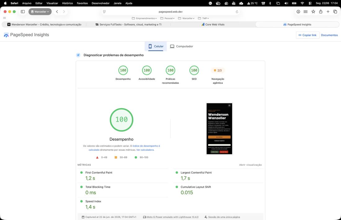 Auditoria Core Web Vitals mobile 100% - 22 junho 2026