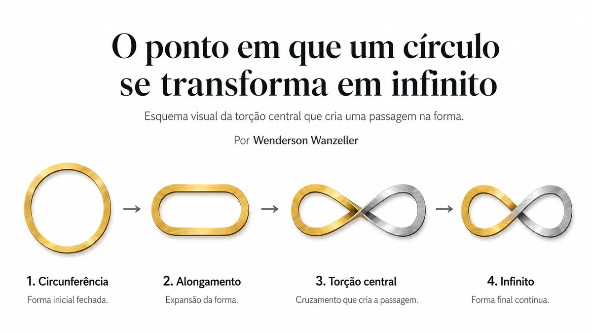 Diagrama criado por Wenderson Wanzeller mostra um círculo dourado que se alonga, recebe uma torção central e se transforma num símbolo do infinito dourado e prateado.