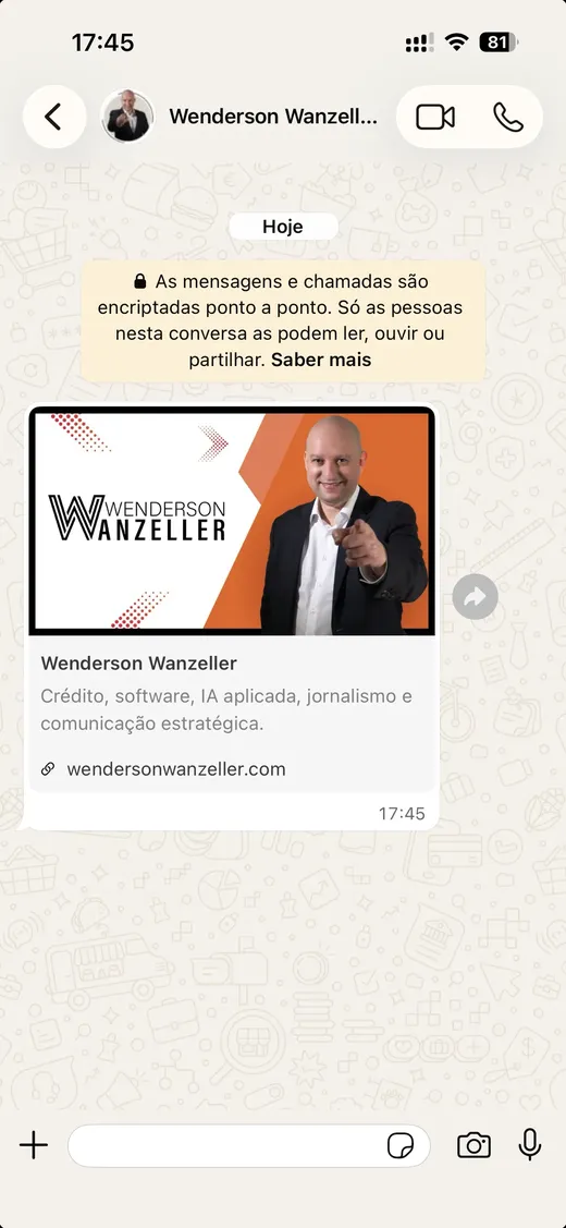 Captura vertical do WhatsApp a mostrar a pré-visualização Open Graph do site Wenderson Wanzeller num telemóvel