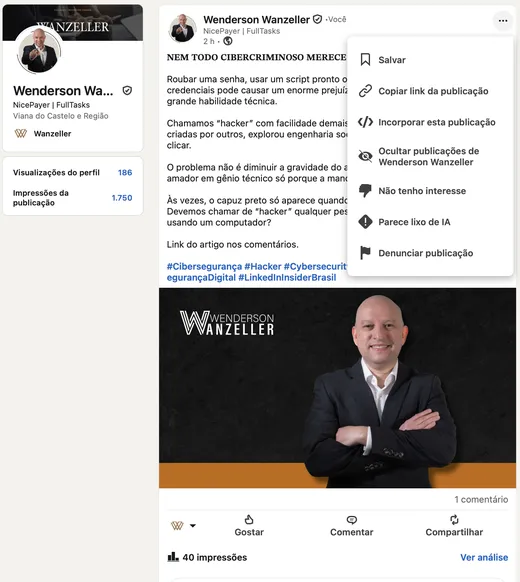 Publicação do LinkedIn com a opção "Parece Lixo de IA".