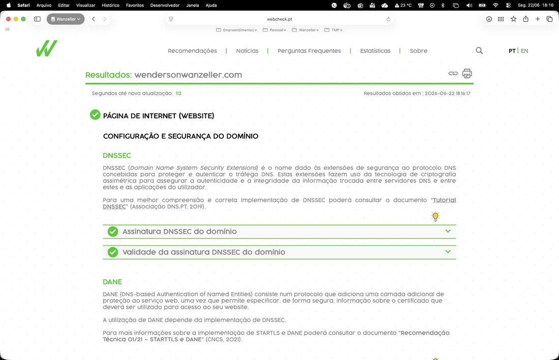 Verificação Webcheck DNSSEC e DANE - 22 junho 2026